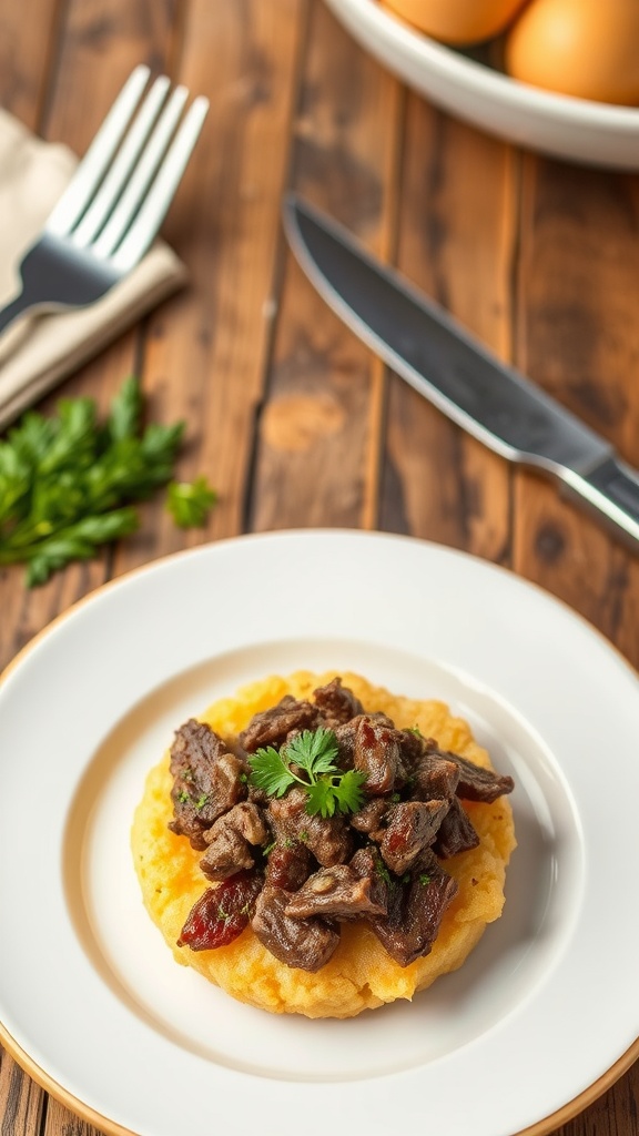 Crispy chopped beef rosti topped with seasoned beef, garnished with herbs, on a rustic wooden table.